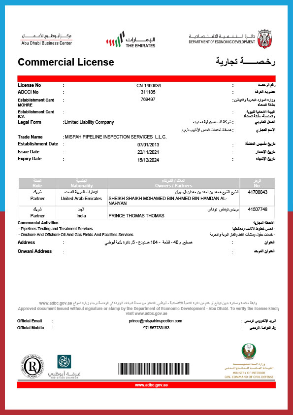 Trade License Abu Dhabi Mispah Pipeline Inspection Abu Dhabi Uae